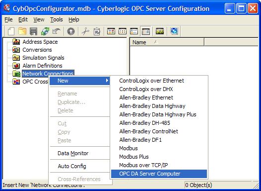 Configuring the Network Connections Branch First, you must identify the computer that is running the OPC DA server that you