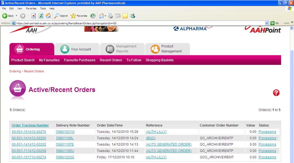 Recent Orders This displays all the delivery notes for your branch.
