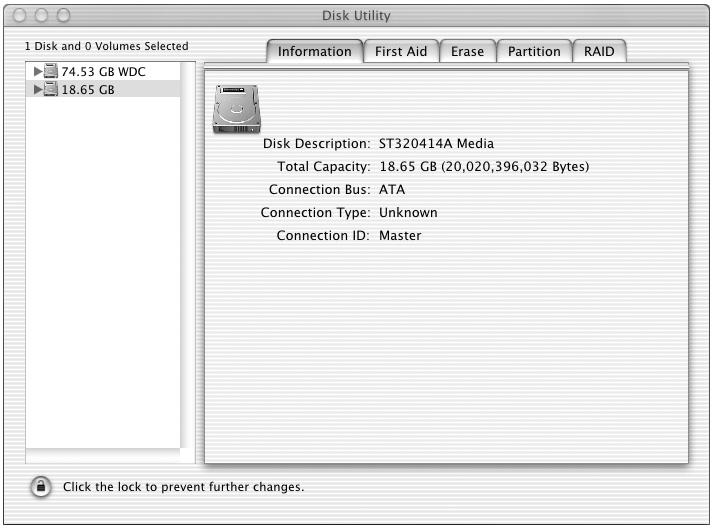 3. If you have not already done so, open Disk Utility (Figure 10). Note that all attached drives appear in the Information window, regardless of being formatted or not.