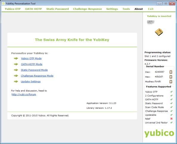 3. On the right side of the tab, view the information related to the specific YubiKey that is inserted into the USB port of your computer.