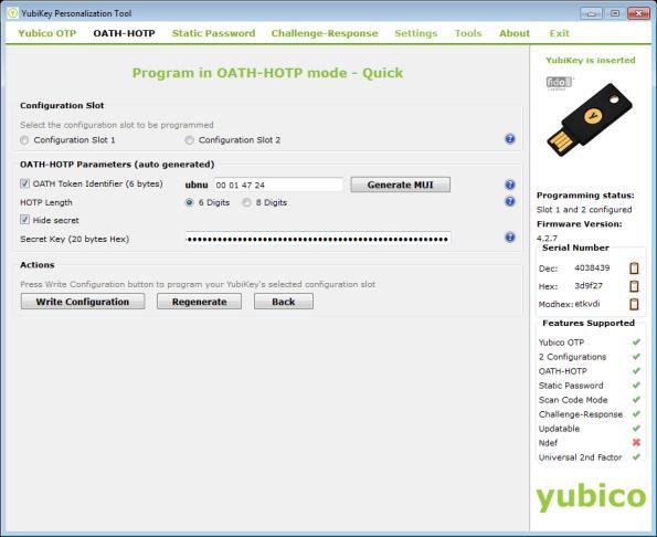 4. In the Configuration Slot group, select the YubiKey configuration slot that you want to configure. 5.