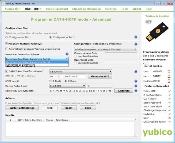 Configuring a YubiKey for OATH-HOTP Using the Advanced Option To program the YubiKey for OATH-HOTP using your own parameters, use the Advanced option.