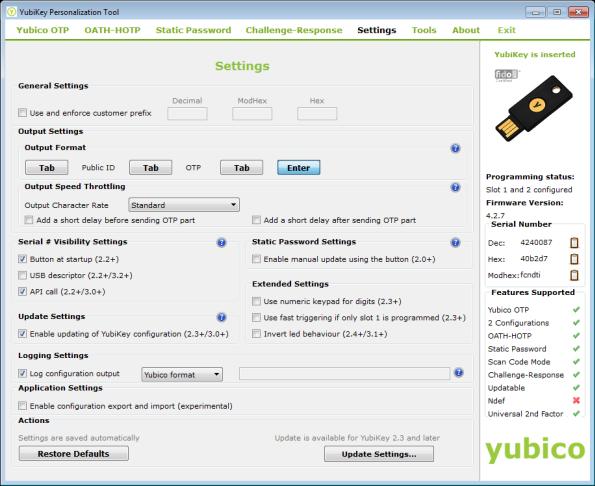 Specifying Settings Using the YubiKey Personalization Tool This chapter describes the settings available on the Settings tab. The settings are common and applicable across all the configuration modes.