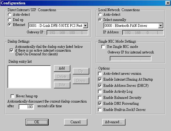 22 In the right panel of the Configuration screen, choose Select Manually from Local Network Connections and select the 0000:Bluetooth PAN Driver.