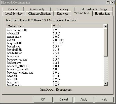 Version Info Configuration Version info Version Info Tab The Version Info tab of the Bluetooth Configuration Panel displays