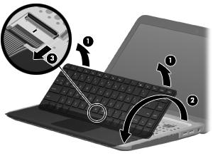 Release the top edge of the keyboard by lifting it up to disengage the keyboard from the tabs on the top cover (1). 6.