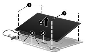 13. Remove the cable from the routing path (2) along the bottom of the enclosure, disconnect the display panel cable from the HP logo light cable (3), and then lift the panel from the enclosure (4).