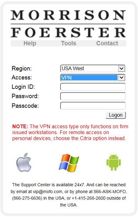 REMOTE ACCESS GUIDE PAGE 2 Connect Remotely from Your Firm Notebook Using VPN You can connect to MoFo s Virtual Private Network (VPN) using a wireless, broadband DSL, or cable modem connection.