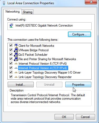 5. In the Local Area Connection Properties window, highlight Internet Protocol Version 4 (TCP/IPv4) and click the Properties button. 6.