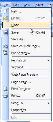 Close Pull-Down Menu Close Closing a Document without Closing Word: 1. Click on File, then Close (ALT+F, C). 2. A dialog box asks whether you want to save changes.. 3. Click Yes (Y or Enter) to save.