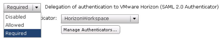 Enable a SAML 2.0 Authenticator Use the Delegation of authentication to VMware Horizon (SAML 2.0 Authenticator) drop-down menu to enable and disable the SAML 2.0 Authenticator. Figure 17: SAML 2.