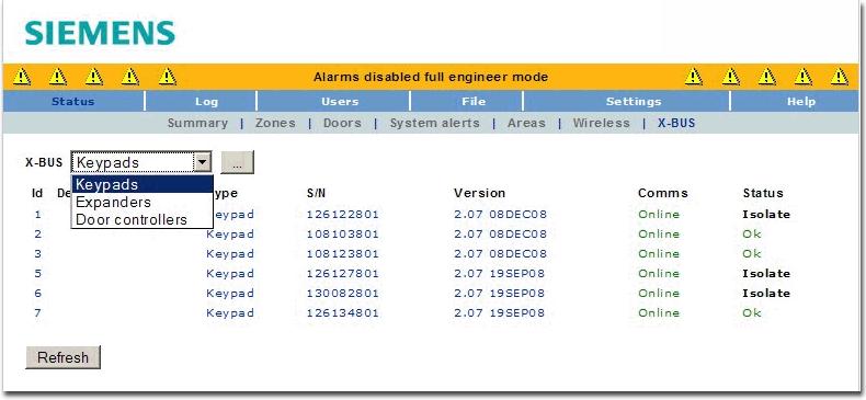 Engineer programming via the browser Panel status 15 1. Click the Log button. 2. See table below for further information.