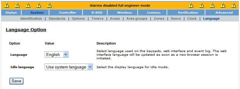 Engineer programming via the browser Configuring zones, doors and areas 15 For the Language option, select a language from the dropdown menu.