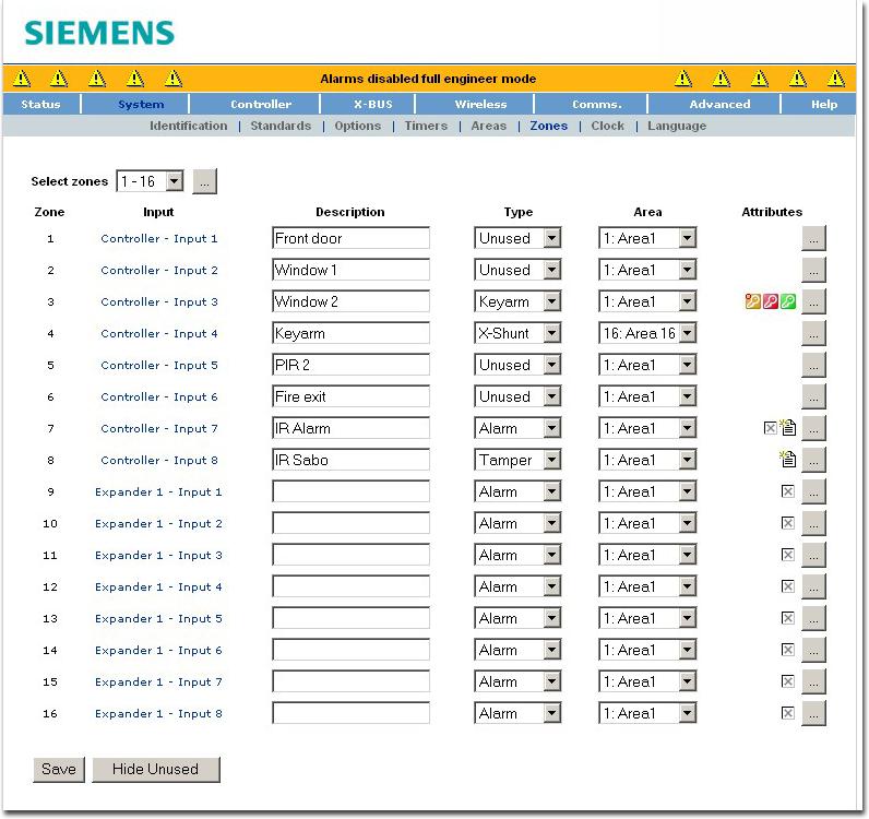 15 Engineer programming via the browser Configuring zones, doors and areas Zone Description Input The number is presented for reference and can not be programmed. Enter a text (max.