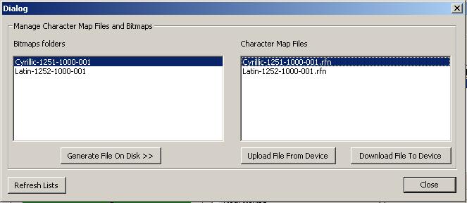 1MRS755871 REF 542plus 4.2.10. Char maps (For operation with HMI V4) Main Menu > Configure > HMI > Char Maps displays the dialog box below.