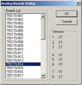 1MRS755871 REF 542plus Fig. 4.2.5.-2 Analog Boards dialog box A051682 Selecting the board from the list, the sensor type is displayed on the right.