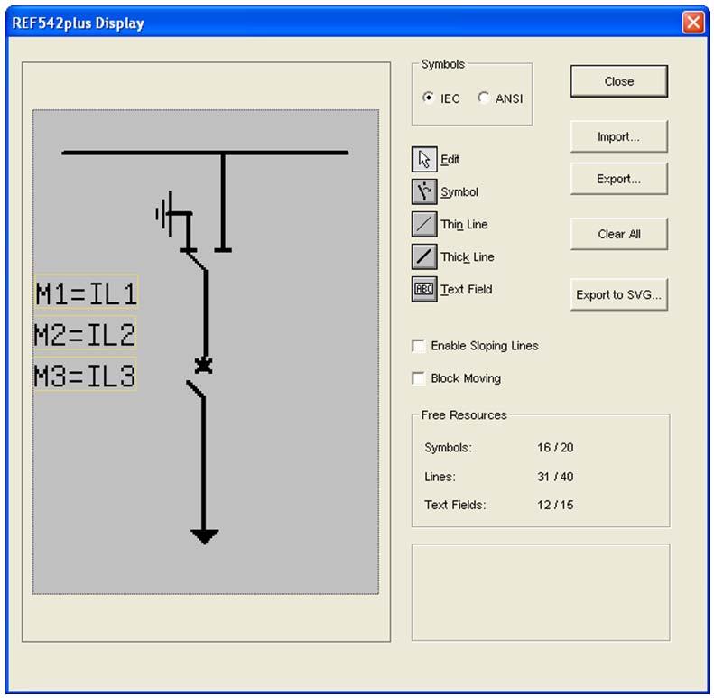1MRS755871 REF 542plus 4.2.8. Single line diagram The REF 542plus Display dialog box in Section 4.2.8.1. User controls of the LCD editor is available in Main Menu > Configure > HMI > Single Line Diagram.