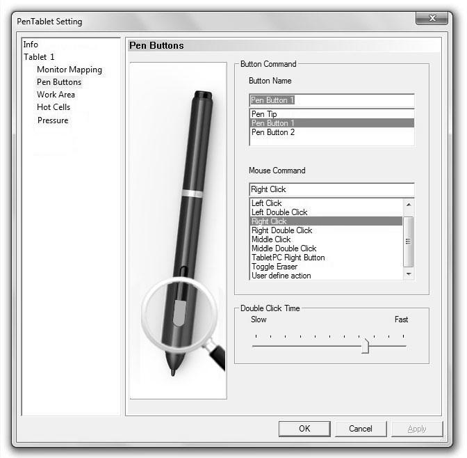 Image5-6: The Pen Button tab settings NOTE: Monitor mapping can be modified to assign your desired screen area size, however the Driver