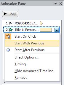 Adjust timing of text and title. Click on the Title 1 in the animation order window to select it. Click the blue arrow pointing down to the immediate right of Title. Click Start With Previous.
