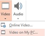 To insert a video in a slide rather than a motion clip. Click the Video button under the Insert tab at the top of the window. Click Video on My PC. Locate the file. Click the OK button.