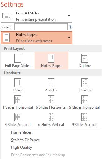 Print speaker notes. Click on the File tab in the top left corner of the window. Select Print. In the Print window, click on the down arrow next to Full Page Slides under settings.