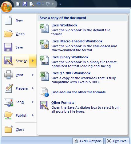 Saving Options There are various saving options in Excel 2007.