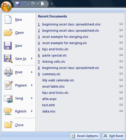 The Microsoft Office Button Clicking on the Microsoft Office Button displays the commands that allow you to do things to your workbook, such as save