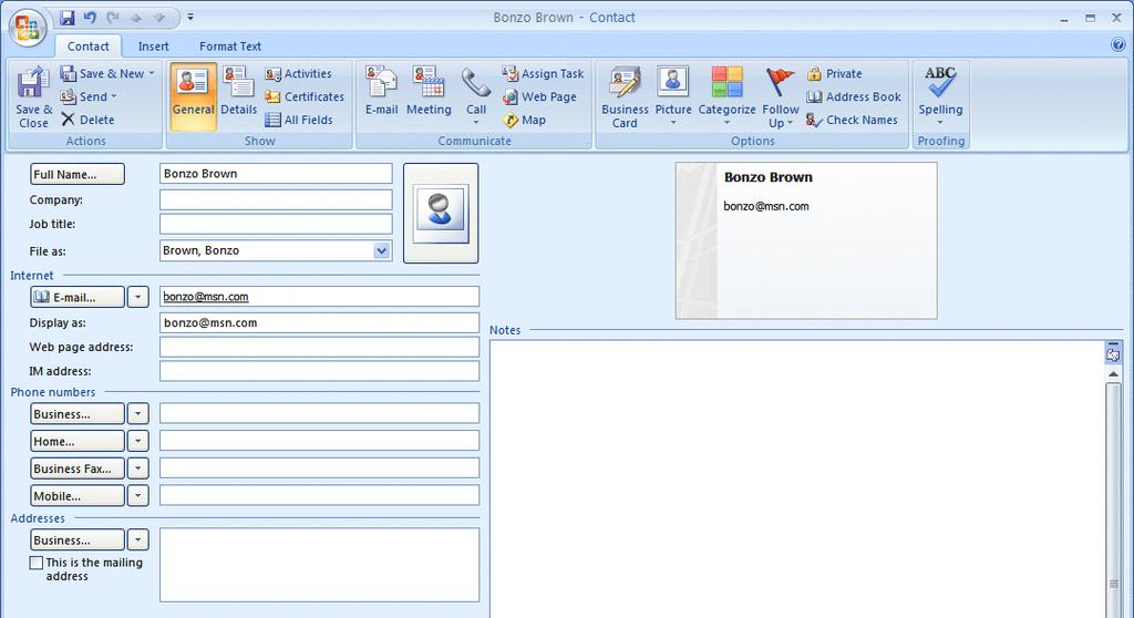 NCMail: Outlook 2007 Email User s Guide 21 The Contact entry menu screen appears below.