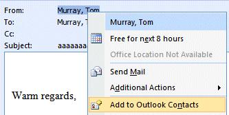 NCMail: Outlook 2007 Email User s Guide 23 Adding Names to your Contacts as you receive e-mail in your Inbox Big Note: Right-clicking on an e-mail address also works when you receive a message from