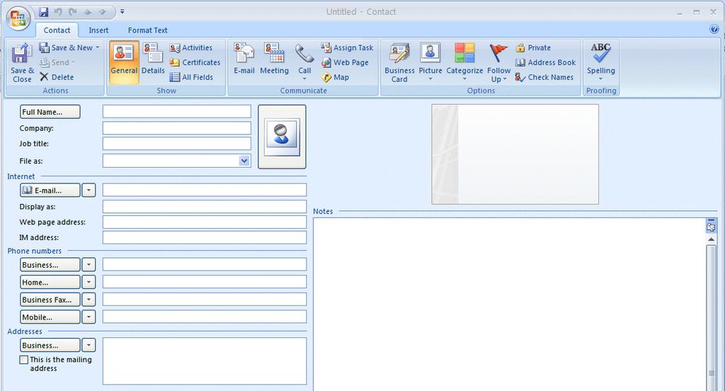 NCMail: Outlook 2007 Email User s Guide 24 When everything looks like the screen above, click the OK button. An Untitled Contact screen like the one below will appear.