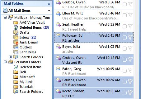 NCMail: Outlook 2007 Email User s Guide 32 Moving Several Messages You can also move several messages with this drag technique. To highlight several messages you may need to learn a new skill.