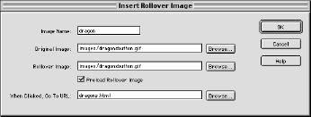 Click on the Browse button to the right of the Rollover Image: box. In the simple rollovers/images folder, locate and double-click on the home-on.gif. Leave the Preload Rollover Image box checked.