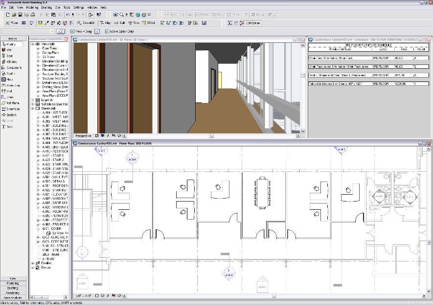 With Revit Architecture, this information is always available as live views of the building model, and so the three design options in our example are consistently reflected and coordinated in all