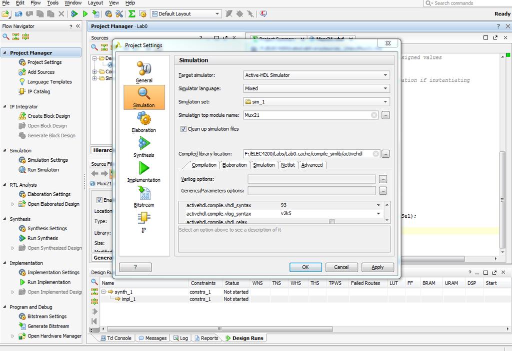 Active-HDL Setup(2) 1. In the Project Manager pane, select Project Settings 2.