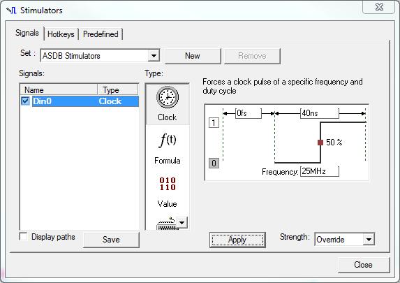 Active-HDL Simulation(6) Select your signal and click the Clock type. The right side of the Stimulators dialog box should now show the clock parameters.