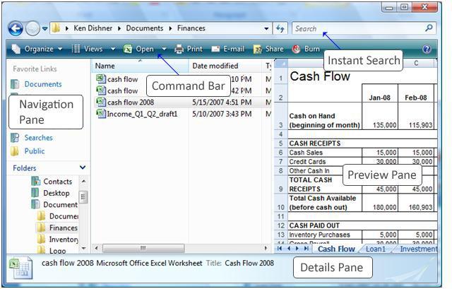 For example, if you select an Excel workbook, the command Bar will include an Open button, a Print button, and an E-mail button.