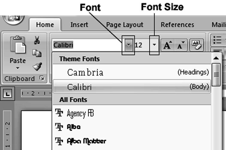 Lab 3: Word Processing Basics Using Microsoft Word 65 Figure 3.11 Word Font and Font Size. The Memorandum title uses Calibri. You will notice that each font name is also a sample of the font itself.