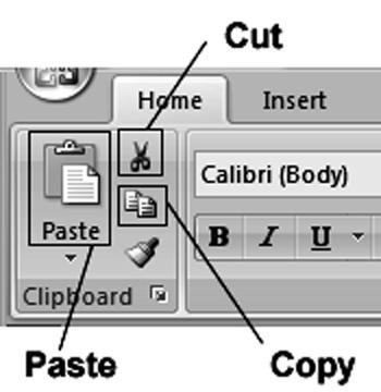 Lab 3: Word Processing Basics Using Microsoft Word 67 Figure 3.13 Word Cut, Copy, and Paste buttons. Select the text Congratulations for a job well done! by dragging through it. Click the Cut button.