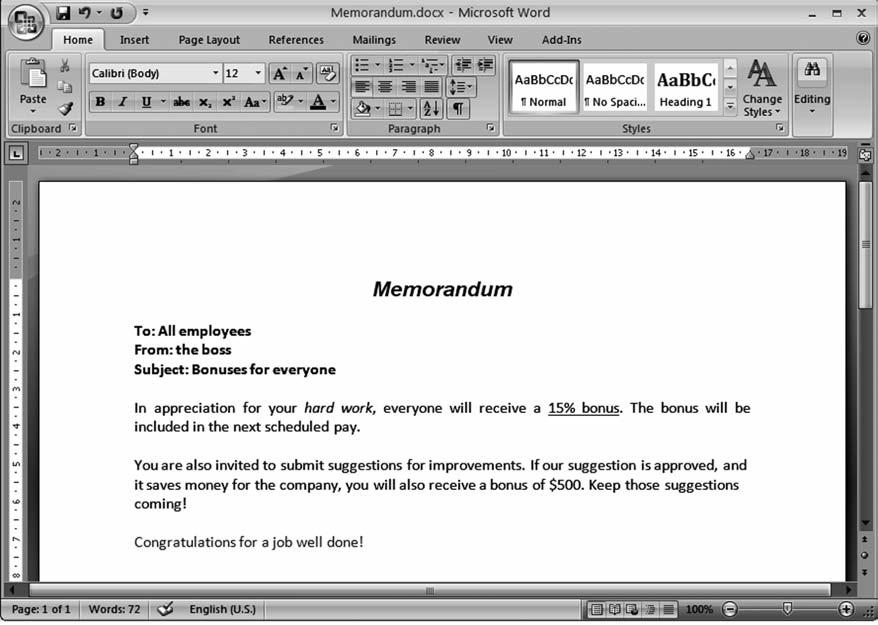 68 Computer Skills Workbook for Fluency with Information Technology, Third Edition Figure 3.14 Word Memorandum document. Let s copy some text as well. Select the text, Bonuses for everyone.
