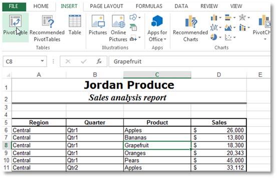 From the Insert ribbon, choose the top half of the PivotTable icon. 3. Excel will predict that your data includes the current region around your selected cell.