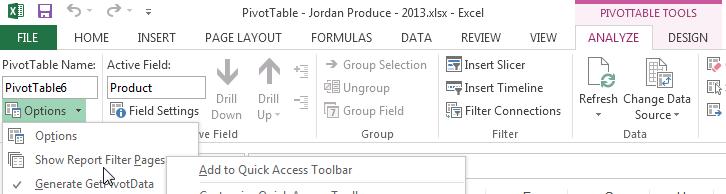When the PivotTable is active there will be 2 additional PivotTable tools available: Options and Design.