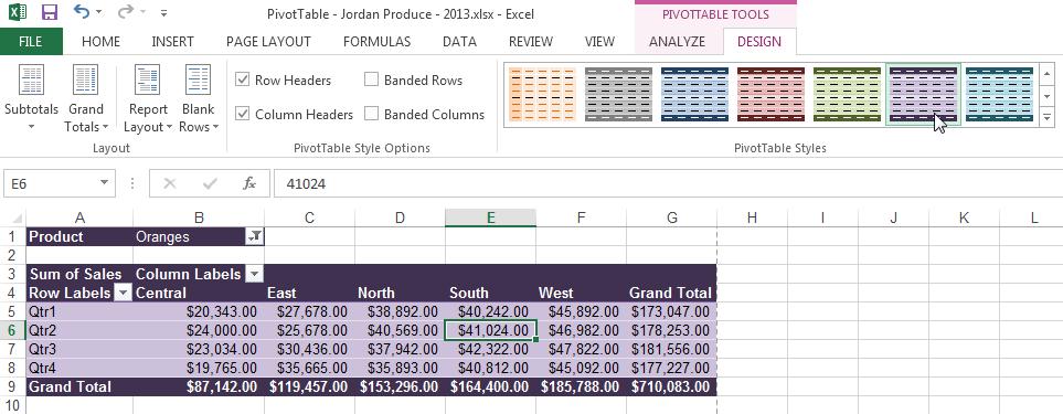 PivotTable Design Tools The Design ribbon offers a gallery where you can quickly apply a format to the pivot table.