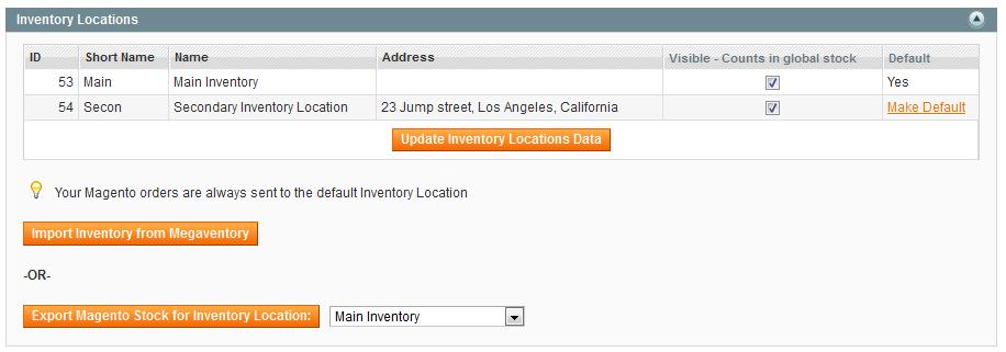Figure 18 - Inventory Locations panel in Magento The Stock Alert Level of a product in all Inventory Locations may be updated either in Magento or in Megaventory. This is a two-way sync.