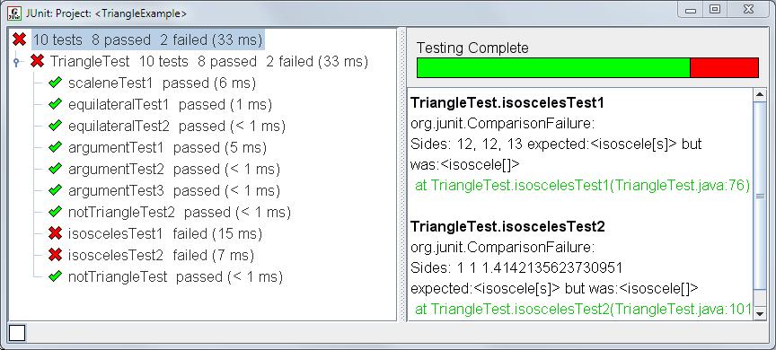 Test results in the JUnit window showing failures When one or more failures occur, the first one is highlighted in the Run I/O window (see Figure 8) and the test file is scrolled to the assert