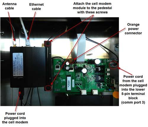 4. With the antenna and Ethernet cables pointing up and the power cord pointing down, align the two mounting holes on the right side of the 3G cell modem module with the