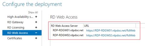 Once your RD Web Access server have been installed, you can use the Remote Desktop Management Services (RDMS) console as part of the Server Manager, to retrieve the URLs of the RD Web Access servers