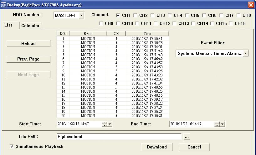 REMOTE OPERATION Function HDD Number / Channel Download by Time Download by Event File Path Simultaneous Playback Download / Cancel Description Specify the hard disk (HDD Number) and channel number
