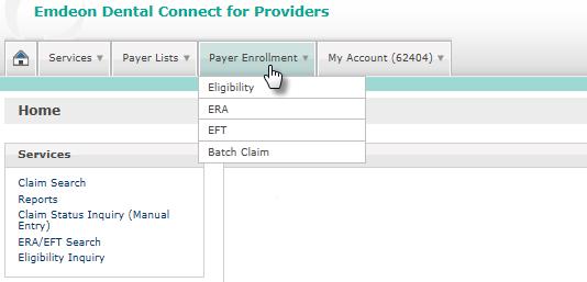 Payer Enrllment Select the Payer Enrllment menu item t enrll with payers fr Eligibility, ERA, and EFT. The Batch Claim menu item will direct the user t the dental batch claim enrllment frms.