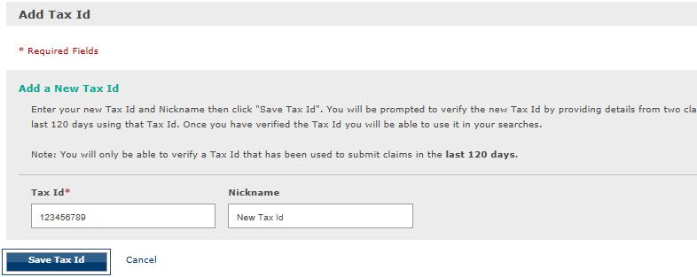 Add Tax Id: Enter the Tax Id yu wish t add and a Nickname, Click Save Tax Id.