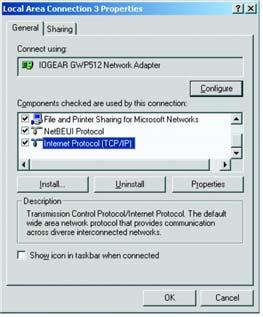 Installation 3. Select Internet Protocol (TCP/IP) and click Properties. 4. Select Obtain an IP address automatically, if the network adapter will be linked to a Wireless AP providing DHCP service.